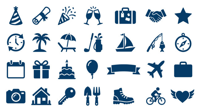Collection of blue icons representing travel celebration business sports and lifestyle activities isolated on white background