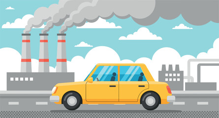 Obraz premium Air pollution concept with car emitting exhaust and factory smokestacks environmental problem industrial smog city illustration