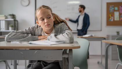Obraz premium A sad young girl looks away from her desk in a modern classroom, highlighting themes of boredom or learning difficulties. Ideal for content on education, psychology, and student wellbeing.