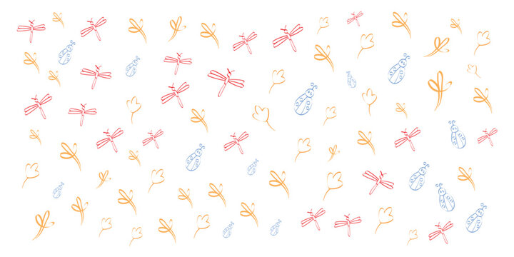 Seamless hand drawn nature doodle pattern with dragonflies and ladybugs on light background, colorful minimal floral insect repeat illustration, decorative spring garden textile design