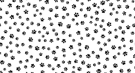 Numerous black paw prints scattered across a plain white background © AJI T