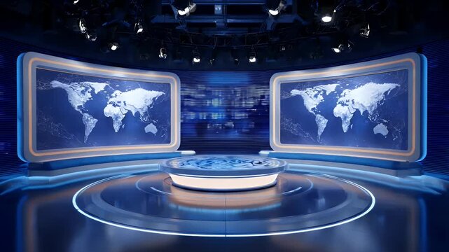 Clean empty news studio with blue light stage backdrop, newsroom background for broadcast media, a modern tv show set with a large circular platform and multiple video screens playing animation.