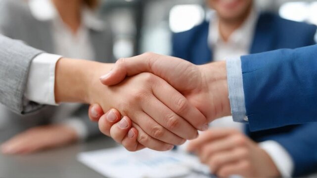 Handshake of Agreement: A close-up shot of two individuals engaged in a firm handshake, symbolizing a successful agreement and professional collaboration.