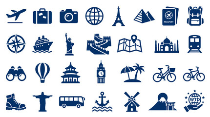 Collection of travel and tourism icons representing global destinations landmarks transportation and adventure activities for vacation planning and exploration © Iconique Studio