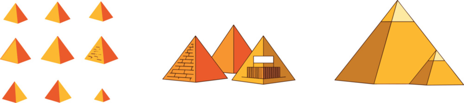 Egyptian pyramid icons set isolated on white background, geometric ancient Egypt symbols with different pyramid shapes vector illustration collection