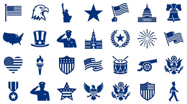 Collection of American patriotic symbols and icons representing USA national pride holidays and freedom concept