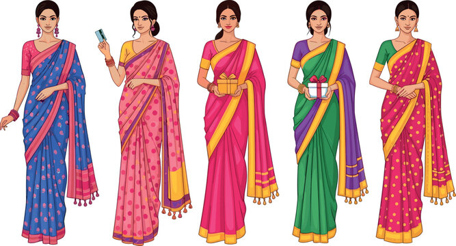 Indian women in colorful saree collection isolated on white background, traditional ethnic outfits with accessories for festival and celebration vector illustration