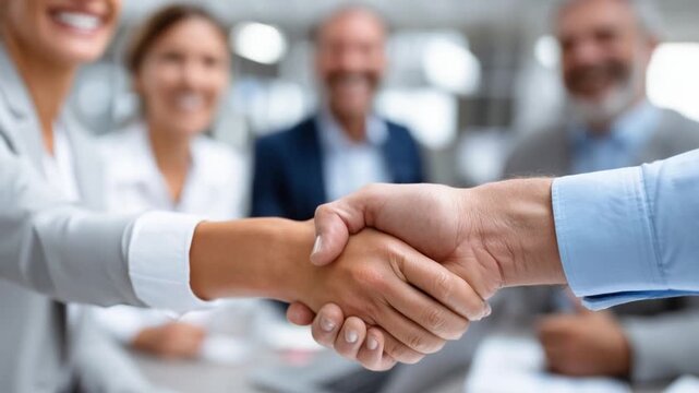 Handshake Harmony: Two individuals seal a deal, their handshake symbolizing trust, agreement, and the forging of a new partnership within a supportive business environment.
