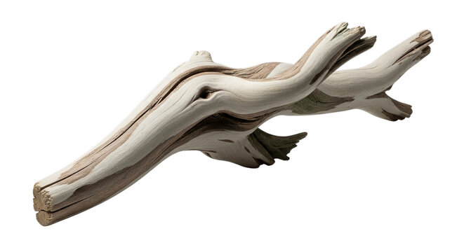 Twisted and weathered driftwood branch isolated with natural textures and curves transparent background