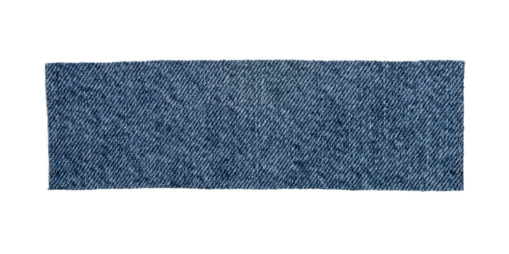 Blue denim fabric swatch, strip, rectangular piece of jeans material isolated on transparent background.