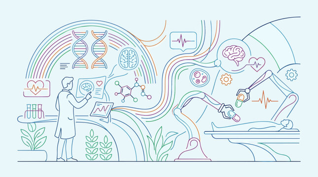 Medical innovation concept scene in strict curved minimal line logic,  thumbnail readability test, open - medical, innovation, concept, scene, strict, curved, line, logic