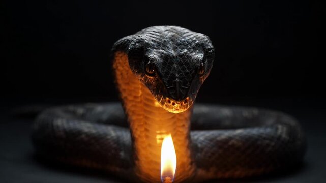 Dramatic Portrait of a Cobra with Flickering Candlelight, Highlighting Scales and Intense Gaze in Dark Ambiance