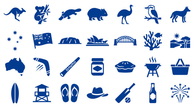 Collection of Australian icons and symbols representing travel culture and wildlife including animals landmarks and activities
