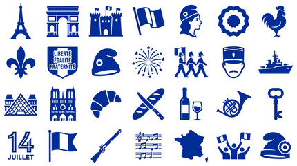 Collection of French National Day Icons Celebrating Bastille Day with Symbols of Paris Culture and Patriotism © Iconique Studio