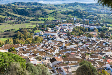 Fototapeta premium High angle view of the roof tops of Jimena de la Frontera with green fields in the background, Cadiz province, Spain