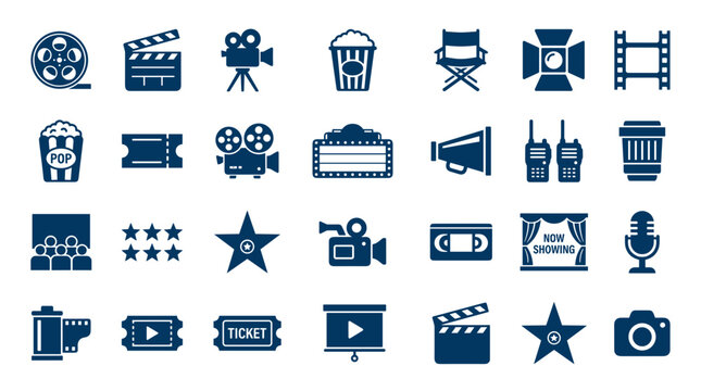 Collection of cinema and movie icons representing film production entertainment and viewing experiences in a modern graphic style