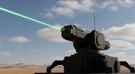 Obraz premium Futuristic weapon, shooting a green laser beam across a desert landscape under a blue sky