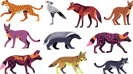 Obraz premium Colorful Wild Animal Vector Set Featuring Cheetah, Hyena, and Wild Cat Species for Wildlife and Nature Illustrations
