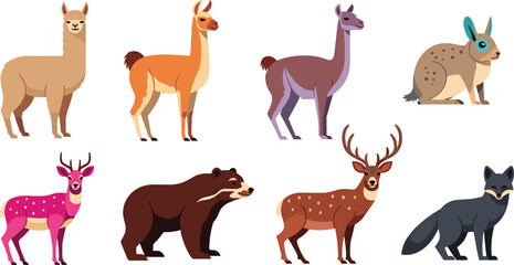 Obraz premium Colorful Wild Animal Vector Set Featuring Llamas, Deer, Bears, and Rabbits for Wildlife and Nature Illustrations