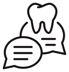 Minimalist black line art vector icon of a tooth molar with speech bubbles, symbolizing dental consultation, online dentist chat, oral health advice, and communication for dental care. © Daniyal