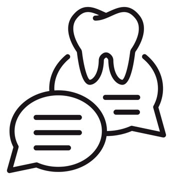 Minimalist black line art vector icon of a tooth molar with speech bubbles, symbolizing dental consultation, online dentist chat, oral health advice, and communication for dental care.