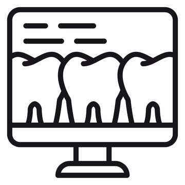 Dental X-ray on computer monitor vector icon. Minimalist black line illustration of digital teeth scanning, oral health diagnostic software, and dentistry technology symbol for medical apps.