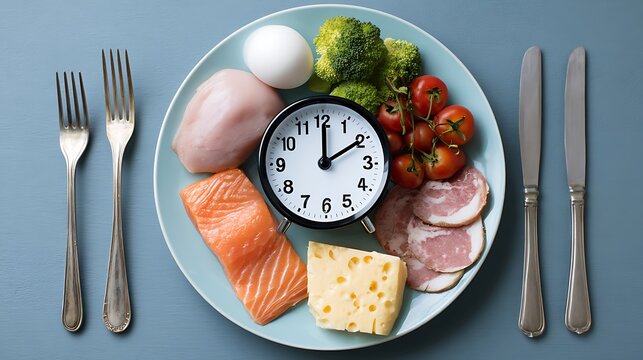 Overhead shot of a plate with food arranged around a clock, flanked by cutlery