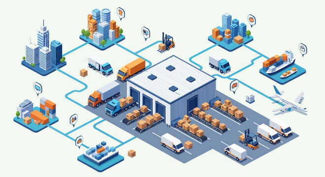 Global Logistics Network: Warehouse, Trucks, Ships, Planes, City Buildings