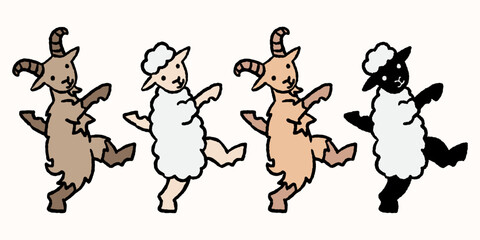 Set of cute hand-drawn dancing goat and sheep characters. Perfect for children’s apparel, nursery wall art, farm-themed party invitations, and playful sticker designs for stationery. © lineandcircle