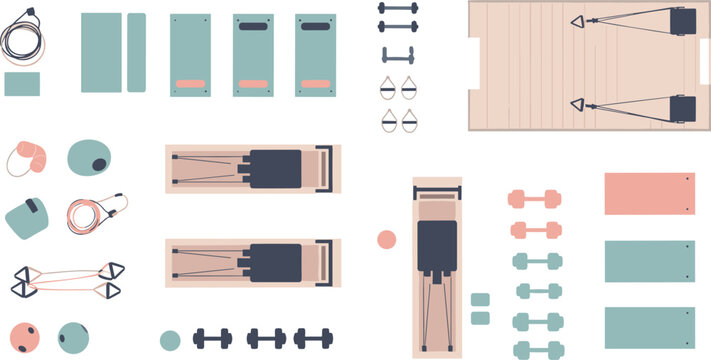 Top View Gym and Fitness Equipment Flat Icon Set with Yoga Mat, Dumbbell, Bench, Cable Machine, and Resistance Band for Interior and Floor Plan Designs