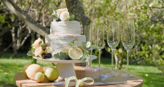 Two-tier frosted cake on pedestal, camera moving closer, highlighting lemon, berries, roses, flutes