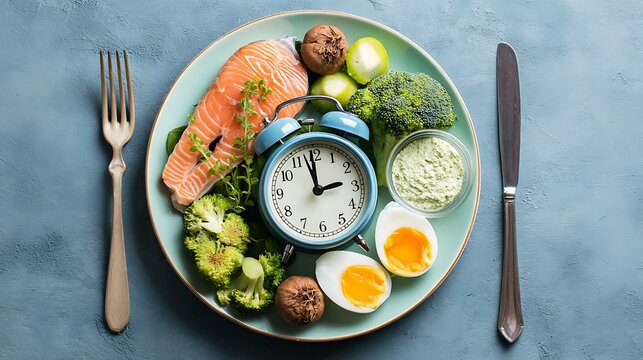 Plate of balanced meal w/ salmon, broccoli, egg, avocado, and clock for health, weight loss