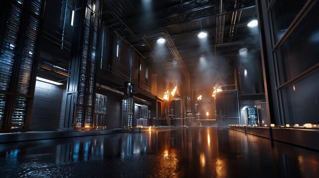 Futuristische Industrieanlage mit Rohren und dramatischer Beleuchtung in Dunkelheit