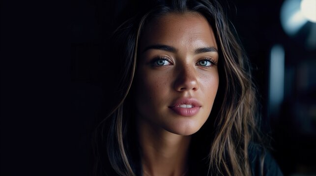 Junge Frau mit blauen Augen und braunem Haar im Portr&auml;t vor dunklem Hintergrund