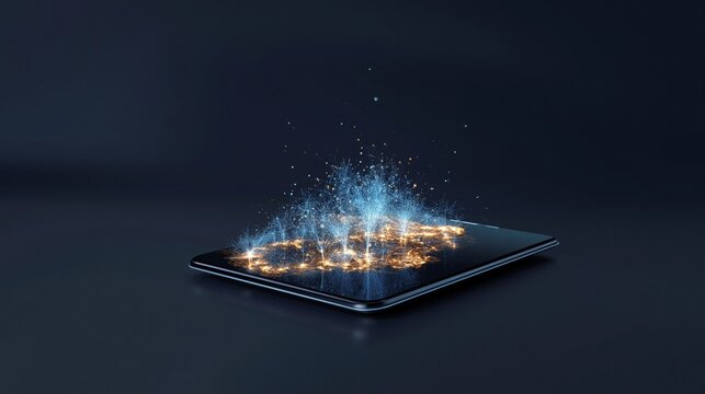 Futuristisches Tablet mit leuchtender digitaler Stadtprojektion auf dunklem Untergrund