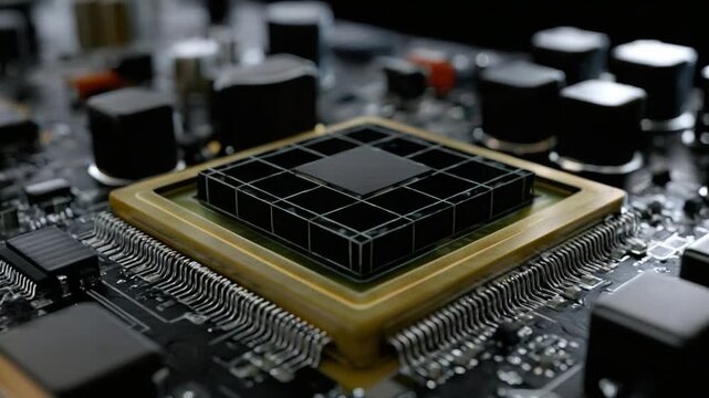 Technological Core: A detailed shot of a central processing unit (CPU), a cornerstone of modern technology, showcasing its intricate design.