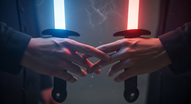 Two hands holding lightsabers, one blue and one red, with their blades touching in the center.