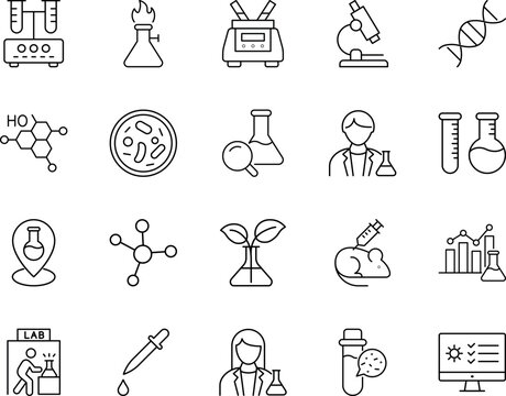 Science and research laboratory icon set, microscope, DNA, test tube, petri dish, molecule, beaker, pipette, bunsen burner
