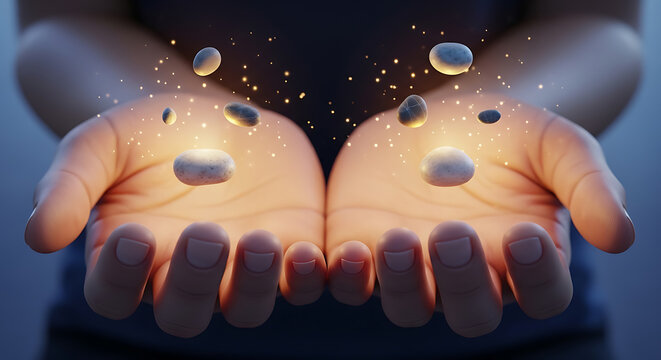 Close-up of cupped hands glowing with warm light, holding floating magical particles and small stones.