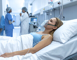 Obraz premium A female patient rests in a hospital bed with an oxygen mask, signifying critical care and recovery. Professional medical staff in the blurred background enhance this realistic clinical scene.