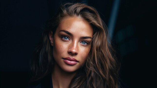 Junge Frau mit blauen Augen und braunem Haar im Portr&auml;t vor dunklem Hintergrund
