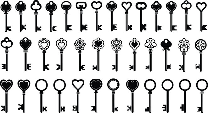 Vintage decorative key collection with ornate heart floral and classic shapes isolated on white background elegant black silhouette vector illustration set