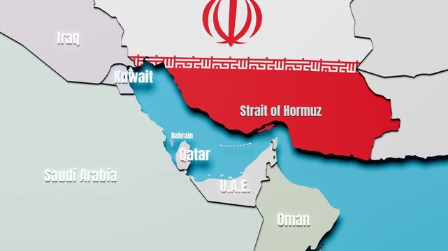 Map of Iran with Iranian flag overlay and the Strait of Hormuz, zooming in and an animated dotted arrow depicting the strait. Named neighbour countries. English language