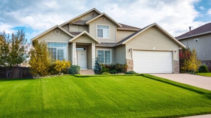 Fototapeta premium suburban. A modern suburban house with a manicured lawn, featuring clean architectural lines and a welcoming exterior. real-estate listings. 