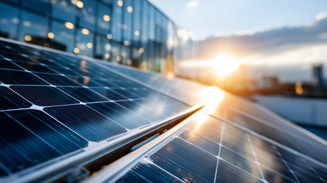 Extreme close-up of a modern solar panel array on a rooftop, sharp focus on the glass texture, silicon cells, and reflective coating, Green Energy concept, bright sunny sky bokeh b
