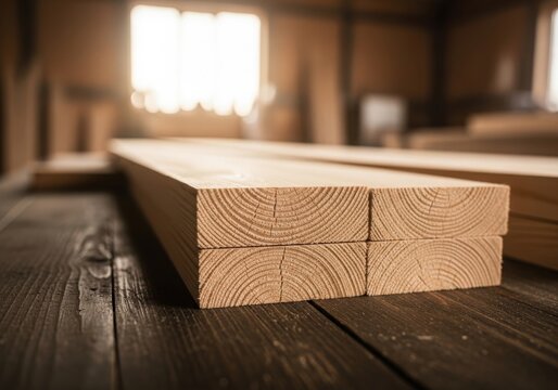 Wood planks stacked on a wooden floor inside a workshop with building