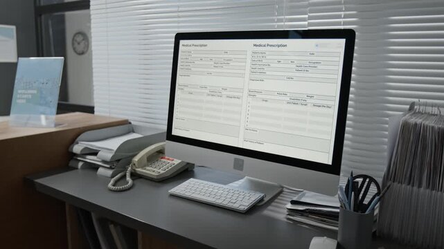 Medium close up of document form on desktop computer screen at reception desk, workplace design in modern hospital
