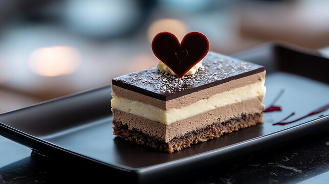 Gourmet layered chocolate cake with a heart decoration on a rectangular black plate
