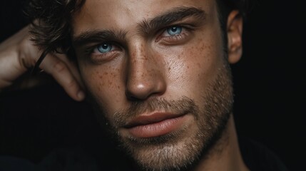 Obraz premium Intensive Nahaufnahme eines jungen Mannes mit blauen Augen und Sommersprossen auf schwarzem Hintergrund.