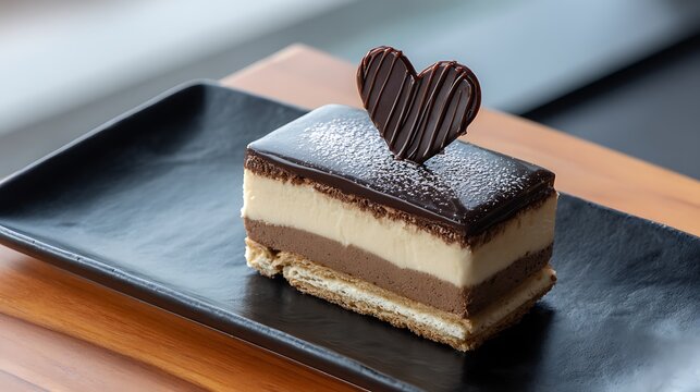 Close-up of layered chocolate dessert with heart garnish on a dark plate, lit by daylight